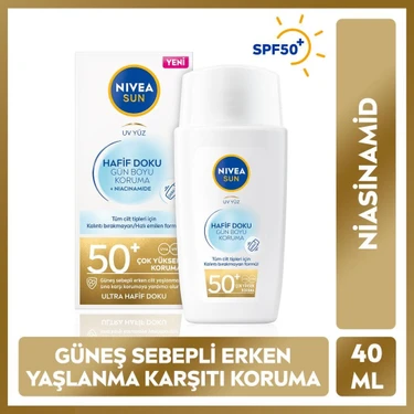 Nivea Sun Hafif Dokulu Güneş Koruyucu Yüz Kremi, SPF50, Yüksek Güneş Koruyucu, Erken Yaşlanma