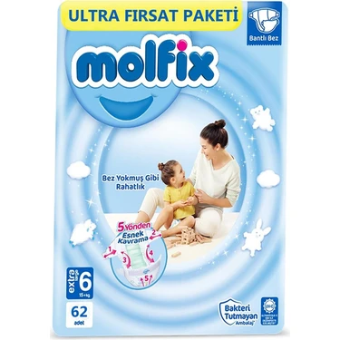 Molfix Bebek Bezi 3D 6 Beden Extra Large 15+ Kg 62li Ultra Fırsat