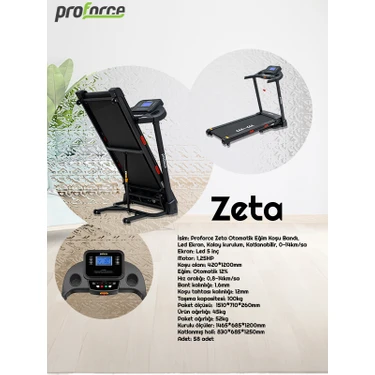 Proforce Zeta Otomatik Eğim Koşu Bandı, LED Ekran, Kolay Kurulum, Katlanabilir,