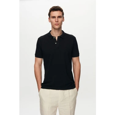 D'S Damat Regular Fit Siyah Pike Dokulu %100 Pamuk Kıvrılmaz Polo Yaka Nakışlı T-Shirt