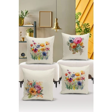 Bertille Home Flower/vintage Serisi Çift Tarafı Dijital Baskılı  4'lü Kırlent Kılıfı Seti  (Cushion