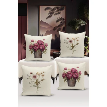 Bertille Home Flower/vintage Serisi Çift Tarafı Dijital Baskılı  4'lü Kırlent Kılıfı Seti  (Cushion