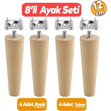 Badem10 Ahşap Dolap Mobilya Koltuk Kanepe Ayağı Ayakları M8 Civatalı 12 Cm Bağlantı Aparatlı 4'lü