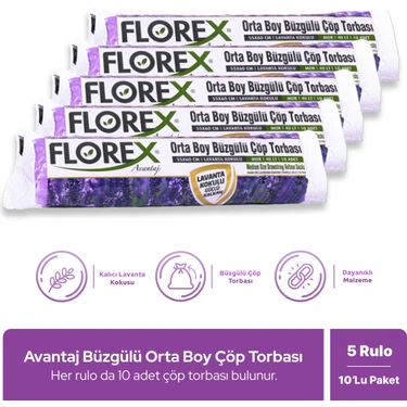 Florex Avantaj Seri Lavanta Kokulu Büzgülü Orta Boy Çöp Poşeti x 5
