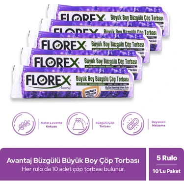 Florex Avantaj Seri Lavanta Kokulu Büzgülü Büyük Boy Çöp Poşeti x 5