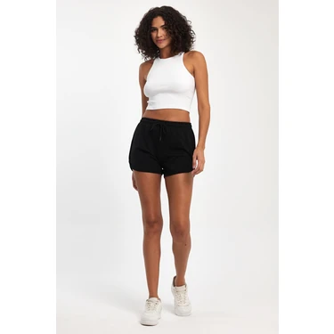 Comeor Kadın Yırtmaçlı Penye Kumaş Regular Fit Siyah Kısa Mini Günlük