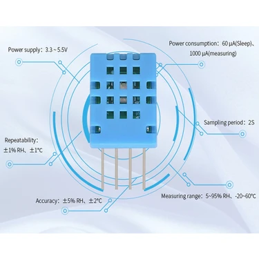 Robiz DHT11 Sıcaklık ve Nem Ölçme Sensörü Klima Termostat Sayaç Medikal Endüstriyel Akıllı Ev
