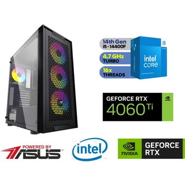 Asus 4060Tİ Gaming Pc - 4060Tİ 8gb - Intel I5 14400F - 16GB Ddr4 Ram - 500GB Nvme SSD - Windows 11