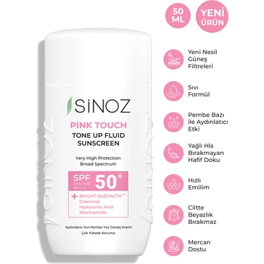 Sinoz SPF50+ Pink Touch Aydınlatıcı  Sıvı Güneş Kremi - Yeni Nesil Güneş Filtreleri İle Hibrit