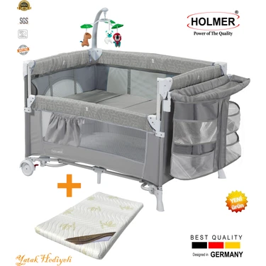 Holmer Maxi Comfort Coolstyle (Anne Yanı-Deluxe Kumaş) Premium Oyun Parkı Gri + Aloevera Yatak