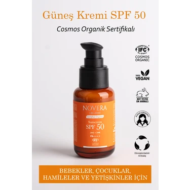 Novera Organik Güneş Kremi 50 Spf, Bebekler, Hamileler, Hassas ve Tüm Ciltler, %100 Mineral