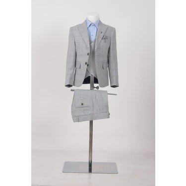 Doctor Junior Kareli Erkek Çocuk Takım Elbise Slim Fit Üç Parça Poliviskon Kumaş