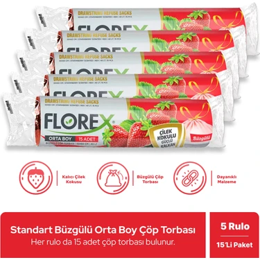 Florex Büzgülü Çilek Kokulu Orta Boy Çöp Poşeti x 5