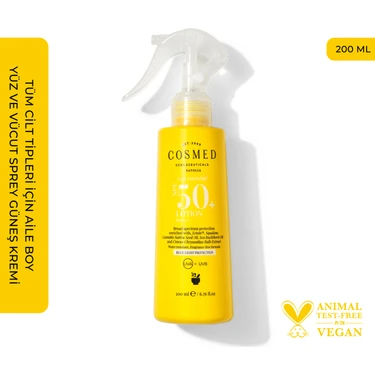 Cosmed Tüm Cilt Tipleri için Aile Boy Yüz ve Vücut Sprey Güneş Kremi /SUN ESSENTIAL LOTION  SPF50+ 