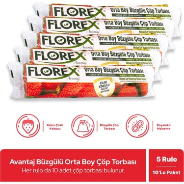 Florex Büzgülü Çilek Kokulu Orta Boy Çöp Poşeti  5 Rulo 55 x 60