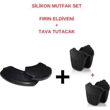 ZETMON 4 Parça Silikon Yanmaz Yapışmaz Fırın Eldiveni Elcik ve Tava Kulp Tutacak Isı Yalıtımlı