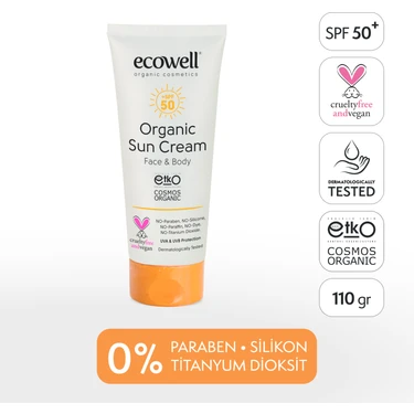 Ecowell Güneş Kremi SPF50, Organik & Vegan Sertifikalı, Mineral Filtre, Yüz ve Vücut, UVA UVB