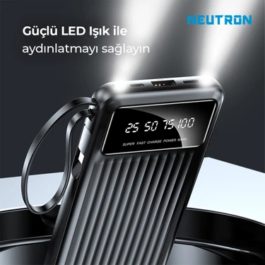 Neutron 10.000 Mah Kablolu Dijital Göstergeli El Feneri Özellikli Powerbank - Siyah -