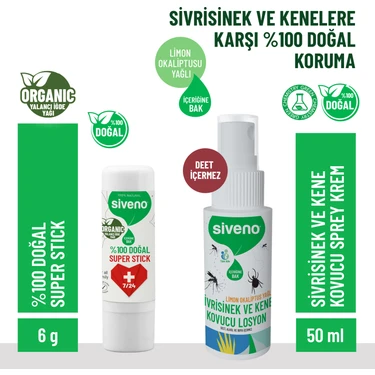 Siveno Sivrisinek ve Kene Kovucu Sprey Losyon 50 ml & Siveno %100 Doğal Super Stick 6 G