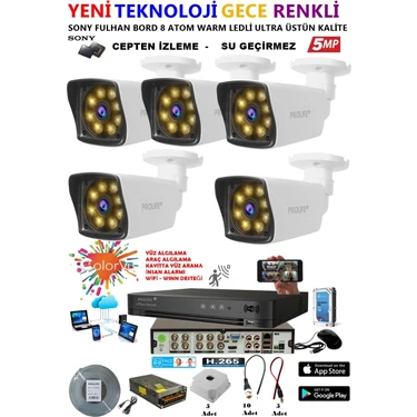 Prolife 5 Kameralı Gece Renkli 8 Adet Warm Ledli Yüz ve Araç Algılamalı 5 Mp Kuruluma Hazır