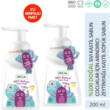 INCIA %100 Doğal Köpük Kastil Sabunu Çocuklar İçin Zeytinyağlı 10 Bitkisel Değerli Yağ Vegan 200 ml