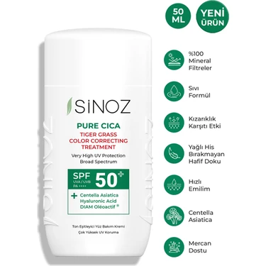 Sinoz Spf50 Pure Cica Anında Ton Eşitleyici Yüz Bakım Kremi - Yeni Nesil Mineral Güneş