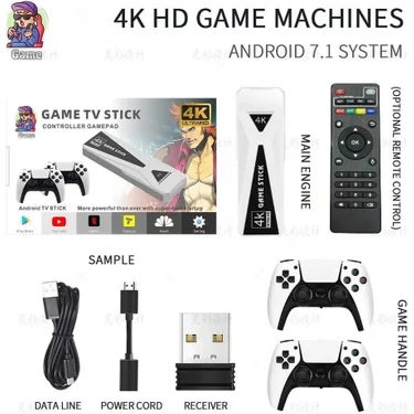 Byoztek Android Game Tv Stick 4K 64 GB Remote Control Hazıfa Kartı ve 2 Kablosuz Oyun Kolu Retro