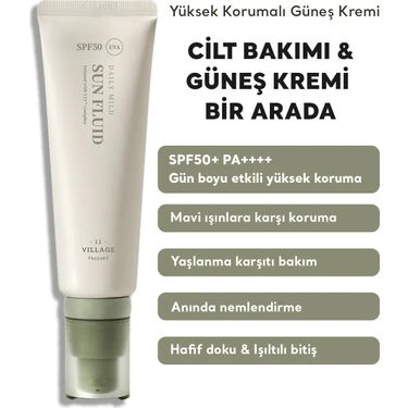 Village 11 Factory Daily Mild Sun Fluid SPF50+ PA++++ 50ml - Hafif Dokulu Günlük Vegan Güneş