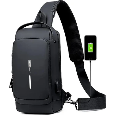 Newish Polo Erkek Siyah Usb Çıkışlı Çapraz Askılı Omuz ve Bel Çantası