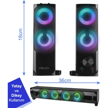Mikado MD-S102 2.0 3Wx2CH RGB Ledli Siyah USB Soundbar Speaker