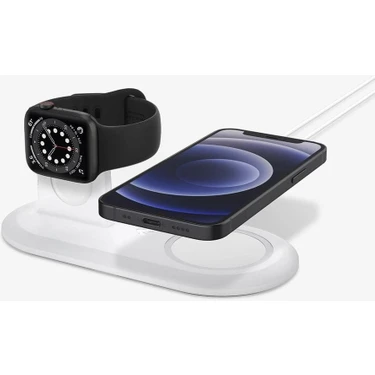 Spigen MagFit iPhone & Apple Watch için Stand Dock Şarj Ünitesi Duo 2in1 White -