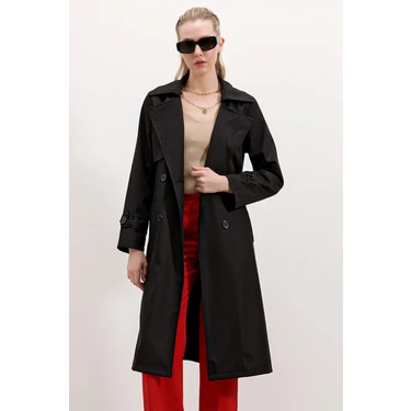 Bigdart Kadın Siyah Kruvaze Yaka Trençkot Polyester Malzeme ile Şık