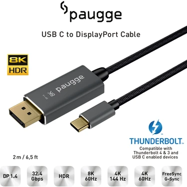 Paugge USB C to Displayport Kablo - DP 1.4, Thunderbolt 4, Thunderbolt 3, HDR, 8K 60Hz, 4K 144Hz,