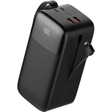 Sword 50000 mAh PD 22.5 W Hızlı Şarj Kendinden Kablolu Type-C & Lightning Powerbank Siyah