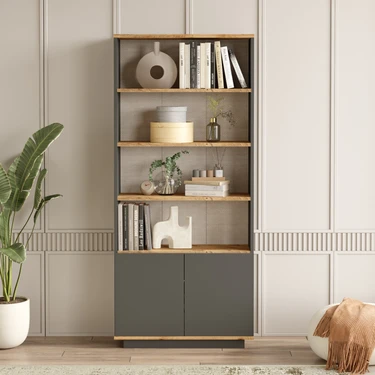 L'occi Concept Delphin Kitaplık Raf 2 Kapaklı Raflı 168CM Çam-Antrasit