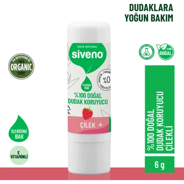 Siveno %100 Doğal Dudak Koruyucu Çilek Bitkisel Lipbalm Dudak Kremi Nemlendirici Parlatıcı Onarıcı