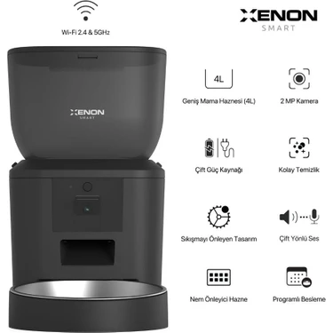 Xenon Smart Akıllı Kedi Köpek Mama Kabı, Otomatik, FHD Gece Görüş Kameralı, Wi-Fi ile Uzaktan