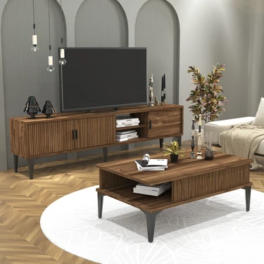 Cool Home Marin Tv Ünitesi 180 cm - Orta Sehpa Seti  Çizgi Desenli , Raflı , Ceviz