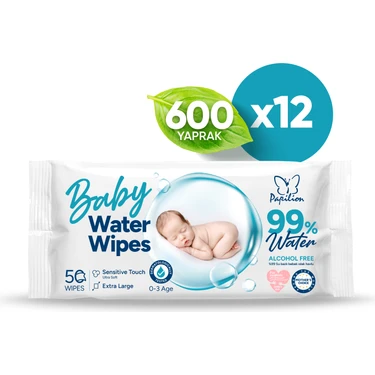 Papilion Baby Water Wipes %99 Saf Su İçeren Kokusuz Bebek Islak Havlu 600 Yaprak 12'li