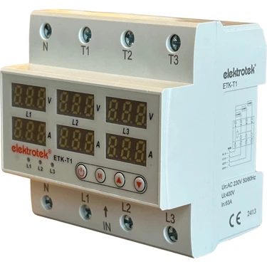 Elektrotek Etk-T1 Trifaze Gerilim ve Akım Koruyucu 63A Din Ray Ayarlanabilir Röle - CE Sertifikalı