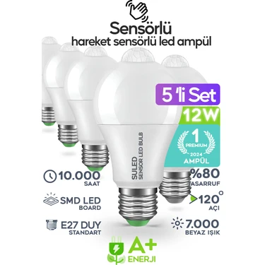 Suled Hareket Sensörlü LED Lamba 5 Adet Ampül Beyaz Işık 12W A++ %80 Tasarruflu Otomatik Yanıp