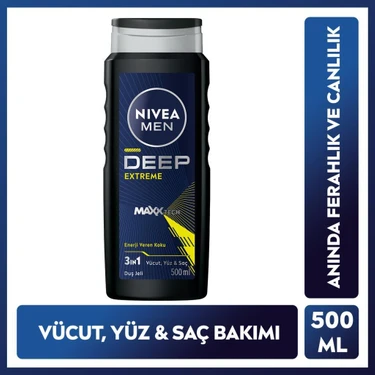 Nivea Men Erkek Deep Extreme Duş Jeli 500ML, 3'ü 1 Arada Komple Bakım, Vücut, Saç ve Yüz Için,