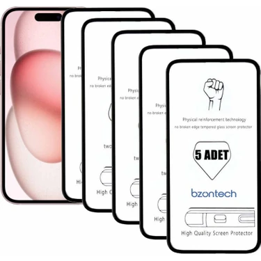 Bzontech iPhone 15 ile Uyumlu Ekran Koruyucu Tam Kaplayan 5li