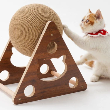 Tineke Ahşap Kedi Tırmalama Tahtası Büyük Boy Ipli Top ile Eğlenceli Kullanım