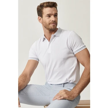 AC&Co / Altınyıldız Classics Erkek Çekmeyen Pamuklu Kumaş Slim Fit Dar Kesim Beyaz Kıvrılmaz Polo