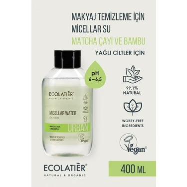 Micellar Makyaj Temizleme Suyu Yağlı Ciltler İçin, 400 ml Matcha Çayı ve