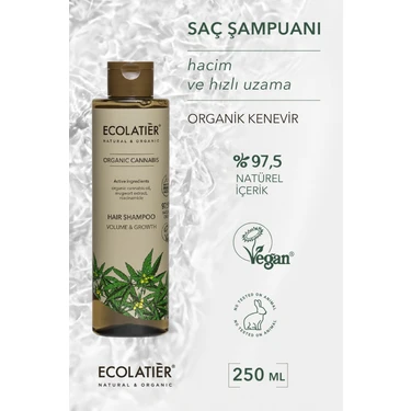 ECOLATIER Saç Şampuanı Hacim Veren Hızlı Uzama Büyüme, Organik Kenevir 250 ml / Hair Shampoo Volume