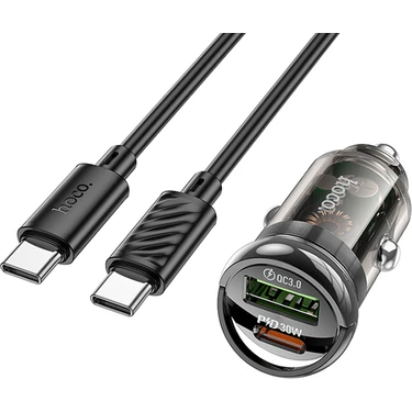 Hoco Z53A Vision PD30W Type-C + USB Qc3.0 Girişli Araç Çakmaklık Hızlı Şarj Aleti + Type-C To