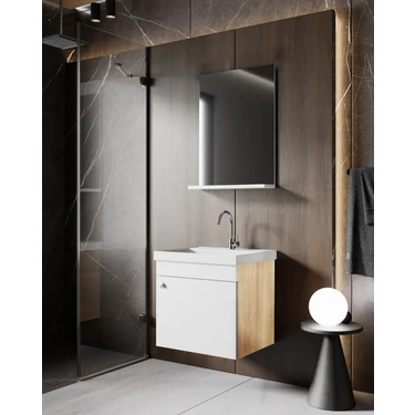 Karen Banyo Milano 50 cm Lavabolu Banyo Dolabı,lavabo Dahil, Ayna Dahil Sonomo