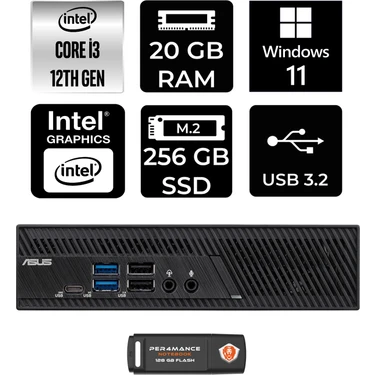 Asus PB63 Intel Core I3 13100 20GB 256GB SSD W11P Mini Pc & Per4 USB Bellek